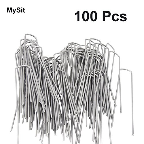 MySit 6" Galvanized Landscape Staples Garden Stakes Pins 100 Pack, Heavy-Duty 11 Gauge Garden Staples Anti-Rust Fence Stakes for Anchoring Weed Barrier Fabric Irrigation Tubing Soaker Hose
