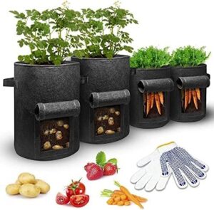 la main verte potato grow bags with flap – [ 4 pack ] 10 & 7 gallon fabric pots with handles [ bonus ] garden gloves