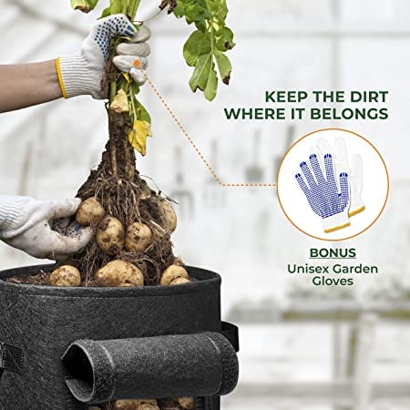 La Main Verte Potato Grow Bags with Flap - [ 4 Pack ] 10 & 7 Gallon Fabric Pots with Handles [ Bonus ] Garden Gloves