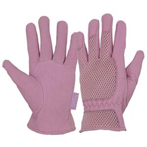 handlandy womens garden gloves, scratch resistance leather gardening gloves for ladise，yard gloves 3d mesh comfort fit- improves dexterity and breathability (medium, pink)