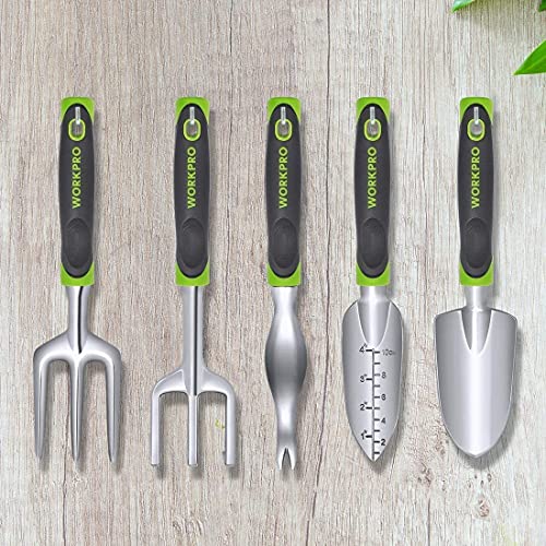 WORKPRO Garden Tool Set, 5 Pieces Gardening Work Gifts, Cast Aluminum Outdoor Hand Tools Kit for Men and Women, Including Trowel Transplanter Weeder Hand Fork Cultivator