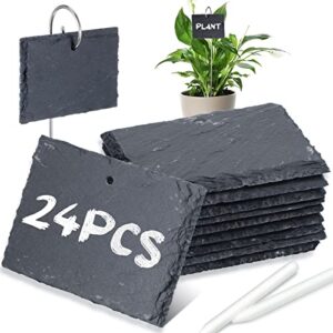 24 sets plant labels, reusable slate plant markers natural weatherproof garden signs waterproof hanging slate planter tags with metal stakes and stone chalks for herb flower vegetable plant pot