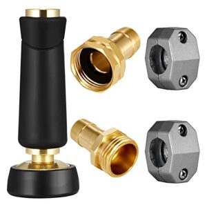 garden hose nozzle and water hose connectors parts set – high pressure adjustable twist brass nozzle sprayer, 3/4 inch male and female thread brass coupler hose connector, zinc alloy clamps