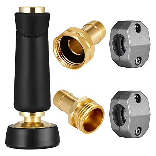 Garden Hose Nozzle and Water Hose Connectors Parts Set - High Pressure Adjustable Twist Brass Nozzle Sprayer, 3/4 inch Male and Female Thread Brass Coupler Hose Connector, Zinc Alloy Clamps