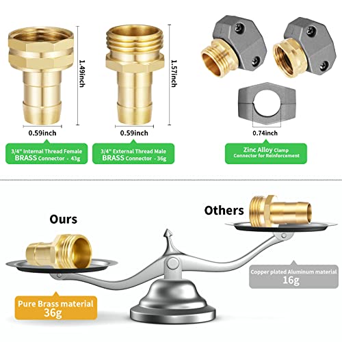 Garden Hose Nozzle and Water Hose Connectors Parts Set - High Pressure Adjustable Twist Brass Nozzle Sprayer, 3/4 inch Male and Female Thread Brass Coupler Hose Connector, Zinc Alloy Clamps