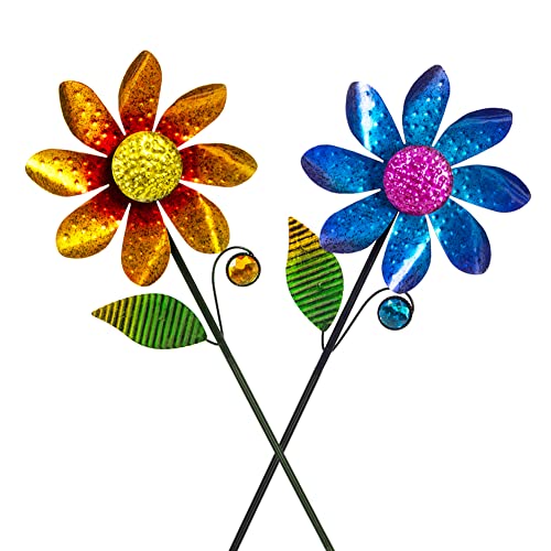 Venniy 2Pack Garden Wind Spinners ,Metal Wind Sculptures Outdoor Windmill Flower Pinwheel Decorations for Yard Lawn Patio Decor