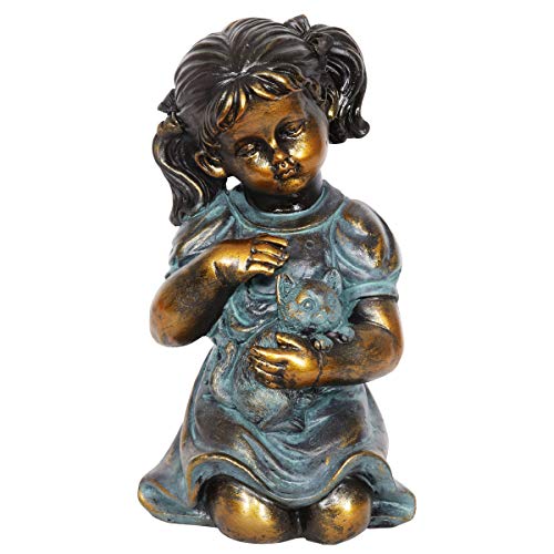 Exhart Garden Sculpture, Faux Bronze Girl and Cat Garden Statue, Outdoor Garden Decoration, 6 x 10.5 Inch