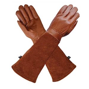 aouchi long leather gardening gloves for women men kid, breathable cowhide rose pruning thorn proof gloves with  forearm protection, sheepskin palms cowhide sleeves garden yard safety work gloves(s)
