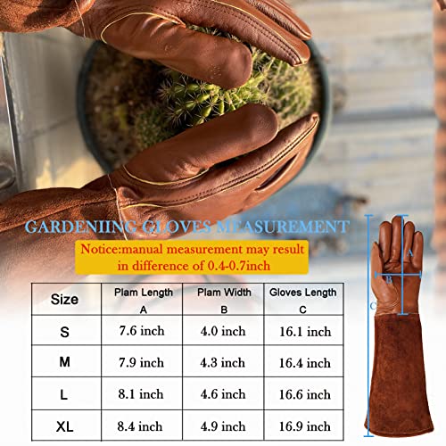 AOUCHI Long Leather Gardening Gloves for Women Men Kid, Breathable Cowhide Rose Pruning Thorn Proof Gloves with  Forearm Protection, Sheepskin Palms Cowhide Sleeves Garden Yard Safety Work Gloves(S)