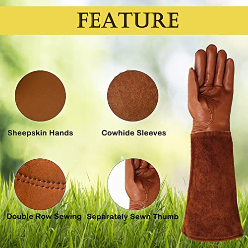 AOUCHI Long Leather Gardening Gloves for Women Men Kid, Breathable Cowhide Rose Pruning Thorn Proof Gloves with  Forearm Protection, Sheepskin Palms Cowhide Sleeves Garden Yard Safety Work Gloves(S)