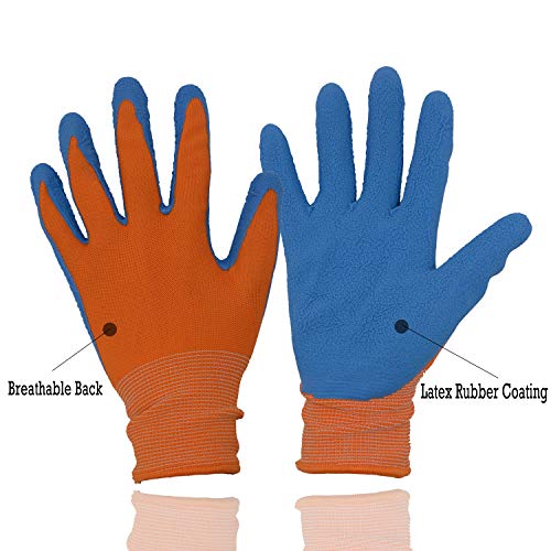 HANDLANDY Kids Gardening Gripper Gloves for age 3-13, 2 Pairs Foam Rubber Coated Garden Gloves for girls boys (Size 6 (age 11-13))