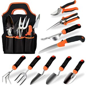 garden tool set, 10 piece stainless steel gardening hand tools with non-slip ergonomic rubber grip, pruning shears & xl storage tote, outdoor yard tools, ideal gardening tool kit gifts for friends