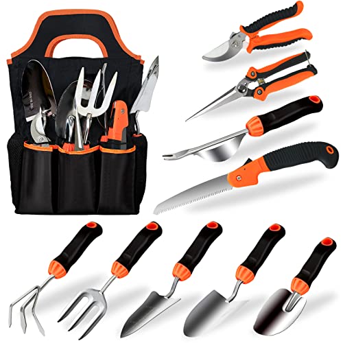 Garden Tool Set, 10 Piece Stainless Steel Gardening Hand Tools with Non-Slip Ergonomic Rubber Grip, Pruning Shears & XL Storage Tote, Outdoor Yard Tools, Ideal Gardening Tool Kit Gifts for Friends