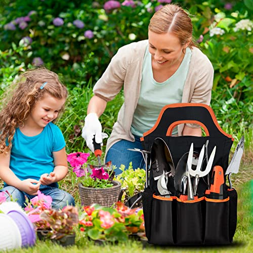 Garden Tool Set, 10 Piece Stainless Steel Gardening Hand Tools with Non-Slip Ergonomic Rubber Grip, Pruning Shears & XL Storage Tote, Outdoor Yard Tools, Ideal Gardening Tool Kit Gifts for Friends
