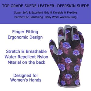 SKYDEER Extra Soft and Comfortable Deerskin Suede Garden Gloves for Women, Double Foam Padded Palm Patch for Protection and Flex Grip, Breathable and Durable (SD6613)