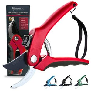 nevlers 8″ bypass pruning shears for gardening | garden shears with stainless steel blades & 8mm cutting capacity| professional garden scissors | heavy duty gardening hand tools | red gardening shears