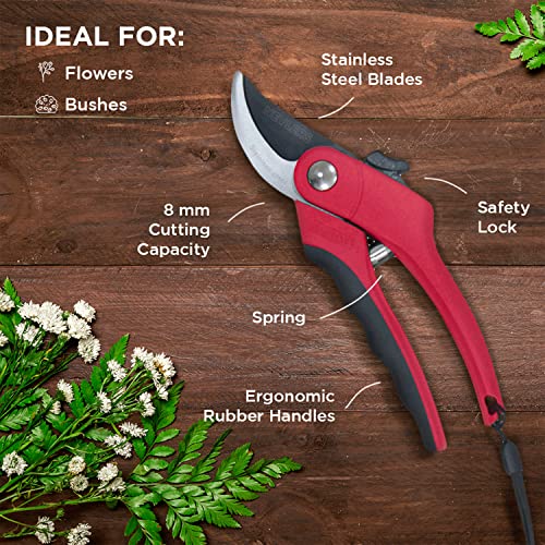 Nevlers 8" Bypass Pruning Shears for Gardening | Garden Shears with Stainless Steel Blades & 8mm Cutting Capacity| Professional Garden Scissors | Heavy Duty Gardening Hand Tools | Red Gardening Shears