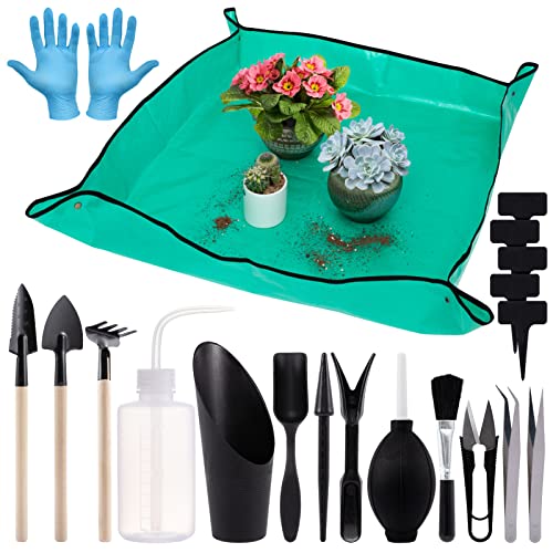 Pack of 20 Succulent Tool Set - 39.4" Indoor Plant Repotting Mat and 19 Pcs Miniature Succulent Hand Tools Garden Flower Plants Transplanting Supplies for Indoor Outdoor Plant Care (Green)