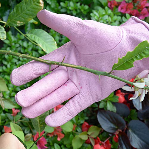 HANDLANDY Womens Garden Gloves, Scratch Resistance Leather Gardening Gloves for Ladise，Yard Gloves 3D Mesh Comfort Fit- Improves Dexterity and Breathability (Large, Pink)