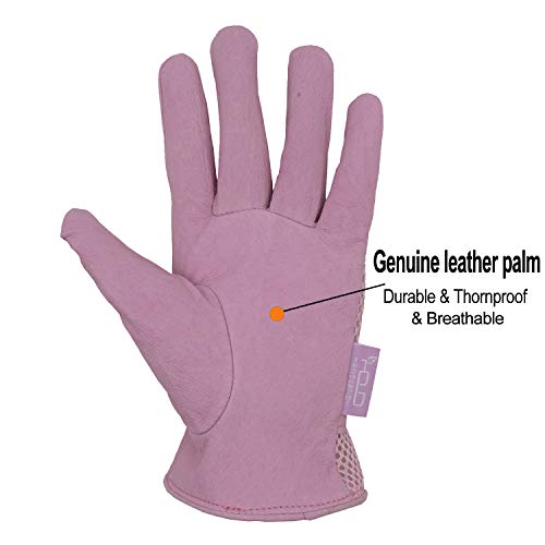 HANDLANDY Womens Garden Gloves, Scratch Resistance Leather Gardening Gloves for Ladise，Yard Gloves 3D Mesh Comfort Fit- Improves Dexterity and Breathability (Large, Pink)