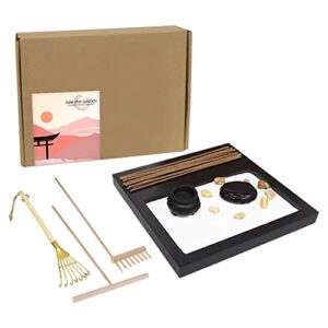 zen garden kit for desk, 6.4×6.4×0.5 complete relaxing japanese zen gardens with rake, stable sand gardening tray, with rock accessories as home tabletop desktop meditation therapy set tools