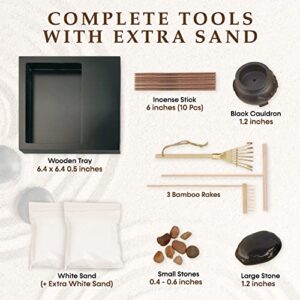 Zen Garden Kit for Desk, 6.4x6.4x0.5 Complete Relaxing Japanese Zen Gardens with Rake, Stable Sand Gardening Tray, with Rock Accessories as Home Tabletop Desktop Meditation Therapy Set Tools