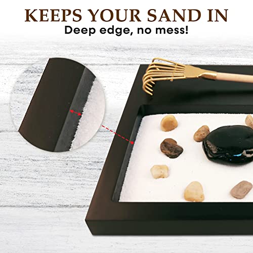 Zen Garden Kit for Desk, 6.4x6.4x0.5 Complete Relaxing Japanese Zen Gardens with Rake, Stable Sand Gardening Tray, with Rock Accessories as Home Tabletop Desktop Meditation Therapy Set Tools