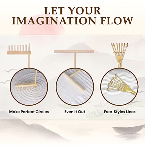 Zen Garden Kit for Desk, 6.4x6.4x0.5 Complete Relaxing Japanese Zen Gardens with Rake, Stable Sand Gardening Tray, with Rock Accessories as Home Tabletop Desktop Meditation Therapy Set Tools