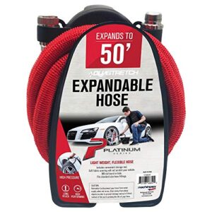 AquaStretch Expandable Garden Hose 50 ft, Lightweight, Heavy-Duty, Stretchable, Flexible Water Hoses with Storage Reel Rack, Fits All Standard Nozzles and Taps, Comes in Black or Red, Colors vary