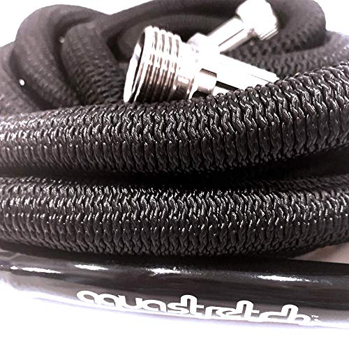 AquaStretch Expandable Garden Hose 50 ft, Lightweight, Heavy-Duty, Stretchable, Flexible Water Hoses with Storage Reel Rack, Fits All Standard Nozzles and Taps, Comes in Black or Red, Colors vary