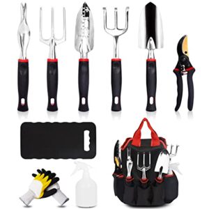 mechrevo 10 pcs garden tool set, sturdy gardening tool set for beginner and gardener, with durable tote bag, comfortable ergonomic handle, ideal gardening gift for women and men, easy to use