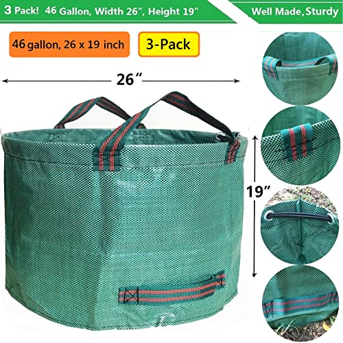 Standard 3-Pack 46 Gallon Yard Lawn Garden Bags (D26, H19 inch) with Garden Gloves, Camping Waste Bag,Recycling Bag,Laundry Bag,Debris Bag,Yard Waste Bag,Grass Clipping Bag,Weed Bag,Leaf Bag 4 Handles