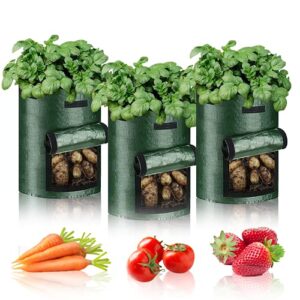 10 gallon plant grow bags-3 packs, fabric grow pots for strawberry potato tomato carrot & other vegetable, heavy duty thickened garden growing bags with window and handles (dark green)