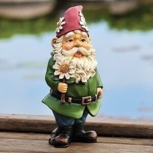 giftware by roman inc., 12.25″ h gnome with daisy statue, garden collection, outdoor statue, memorial, resin stone, adorable frogs and flowers, garden décor (12x4x5)