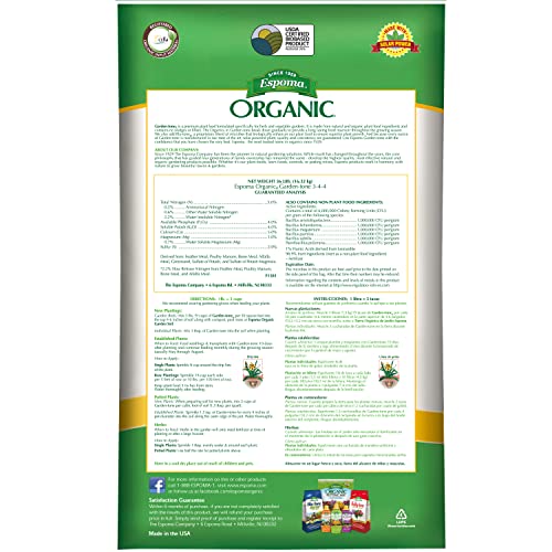 Espoma Organic Garden-Tone 3-4-4 Organic Fertilizer for Cool & Warm Season Vegetables and Herbs. Grow an Abundant Harvest of Nutritious and Flavorful Vegetables – 36 lb. Bag