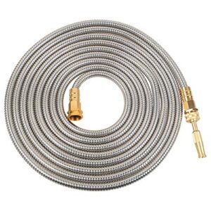 veragreen stainless steel metal garden hose 304 stainless steel water hose with solid metal fittings and newest spray nozzle, lightweight, kink free, durable and easy to store(50ft)