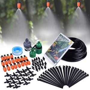 mixc 1/4-inch mist irrigation kits accessories plant watering system with 50ft 1/4” blank distribution tubing hose, 20pcs misters, 39pcs barbed fittings, support stakes, quick adapter, model: gg0b