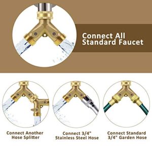 Brass Garden Hose Splitter 2 Way, Heavy Duty Brass Hose Y Splitter, 3/4" Garden Hose Connector, Hose Spigot Adapter with 2 Valves, 2 Extra Rubber Washers