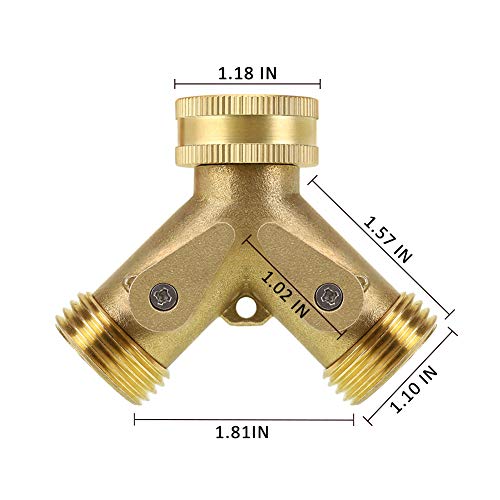 Brass Garden Hose Splitter 2 Way, Heavy Duty Brass Hose Y Splitter, 3/4" Garden Hose Connector, Hose Spigot Adapter with 2 Valves, 2 Extra Rubber Washers