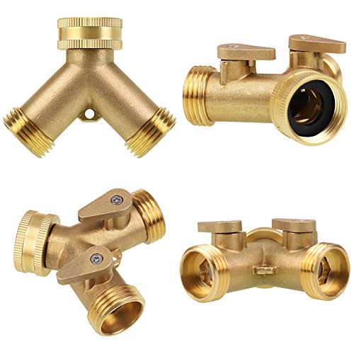 Brass Garden Hose Splitter 2 Way, Heavy Duty Brass Hose Y Splitter, 3/4" Garden Hose Connector, Hose Spigot Adapter with 2 Valves, 2 Extra Rubber Washers