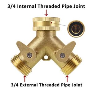 Brass Garden Hose Splitter 2 Way, Heavy Duty Brass Hose Y Splitter, 3/4" Garden Hose Connector, Hose Spigot Adapter with 2 Valves, 2 Extra Rubber Washers