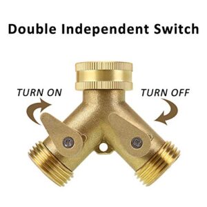 Brass Garden Hose Splitter 2 Way, Heavy Duty Brass Hose Y Splitter, 3/4" Garden Hose Connector, Hose Spigot Adapter with 2 Valves, 2 Extra Rubber Washers