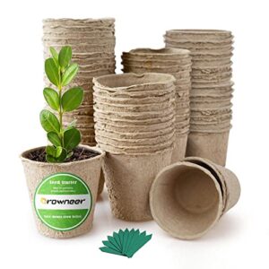 growneer 60 packs 2.4 inch peat pots plant starters for seedling with 25 pcs plant labels, biodegradable herb seed starter pots kits, garden germination nursery pot