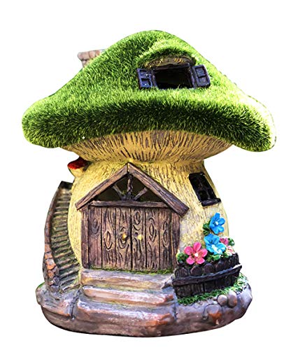 TIBLEN Solar Gnome Grass-Roof Mushroom Garden House , Outdoor Gnome House Figurine with Solar Lights, Little Garden Cottage Figurines