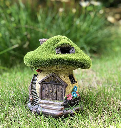 TIBLEN Solar Gnome Grass-Roof Mushroom Garden House , Outdoor Gnome House Figurine with Solar Lights, Little Garden Cottage Figurines