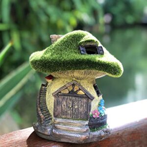 TIBLEN Solar Gnome Grass-Roof Mushroom Garden House , Outdoor Gnome House Figurine with Solar Lights, Little Garden Cottage Figurines