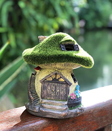 TIBLEN Solar Gnome Grass-Roof Mushroom Garden House , Outdoor Gnome House Figurine with Solar Lights, Little Garden Cottage Figurines