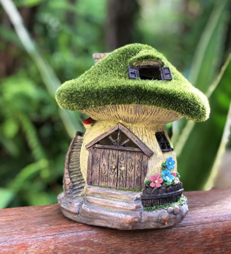 TIBLEN Solar Gnome Grass-Roof Mushroom Garden House , Outdoor Gnome House Figurine with Solar Lights, Little Garden Cottage Figurines