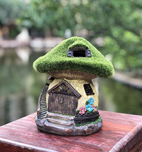 TIBLEN Solar Gnome Grass-Roof Mushroom Garden House , Outdoor Gnome House Figurine with Solar Lights, Little Garden Cottage Figurines