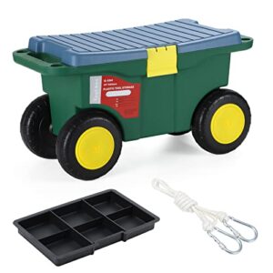 multi-use garden scooter with seat, rolling storage bin with bench seat and interior tool tray，gardening stool for weeding and planting